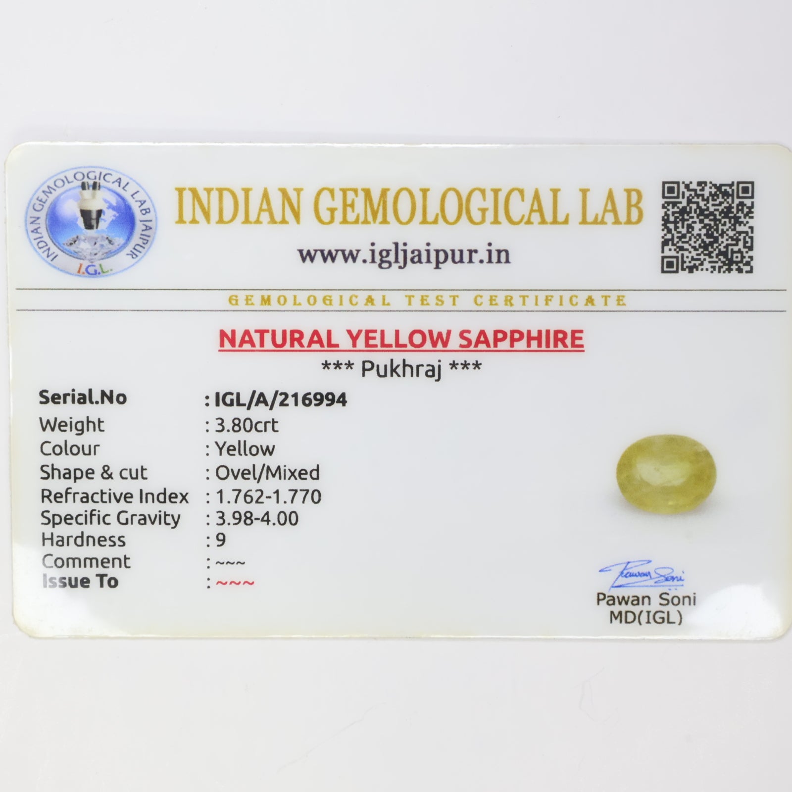 Natural Yellow Sapphire 3.80ct