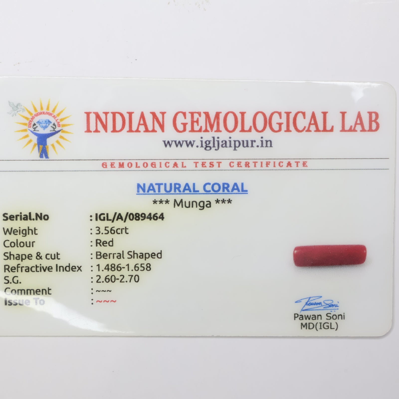Natural Red Coral (Munga) 3.56ct