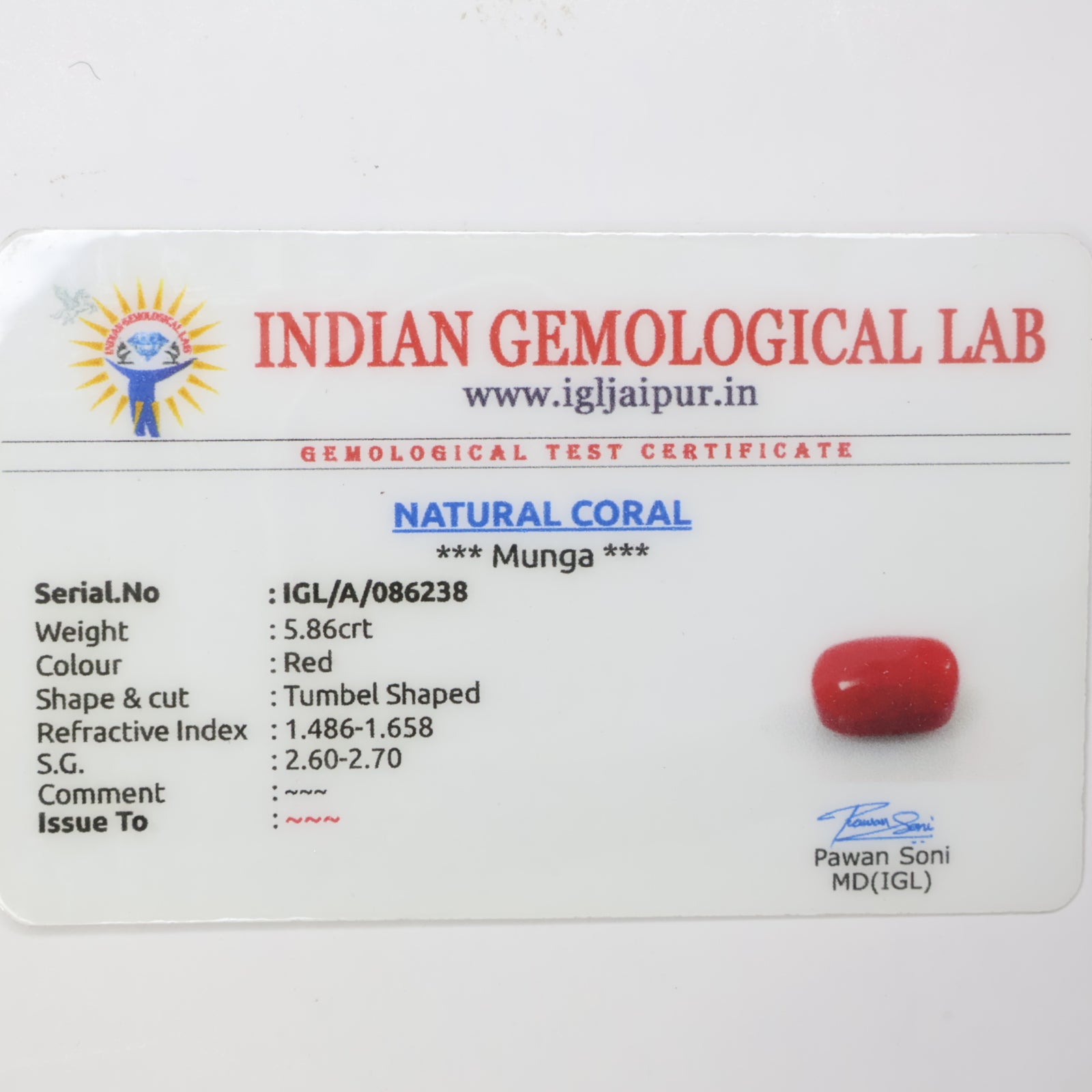 Natural Red Coral (Munga) 5.86ct