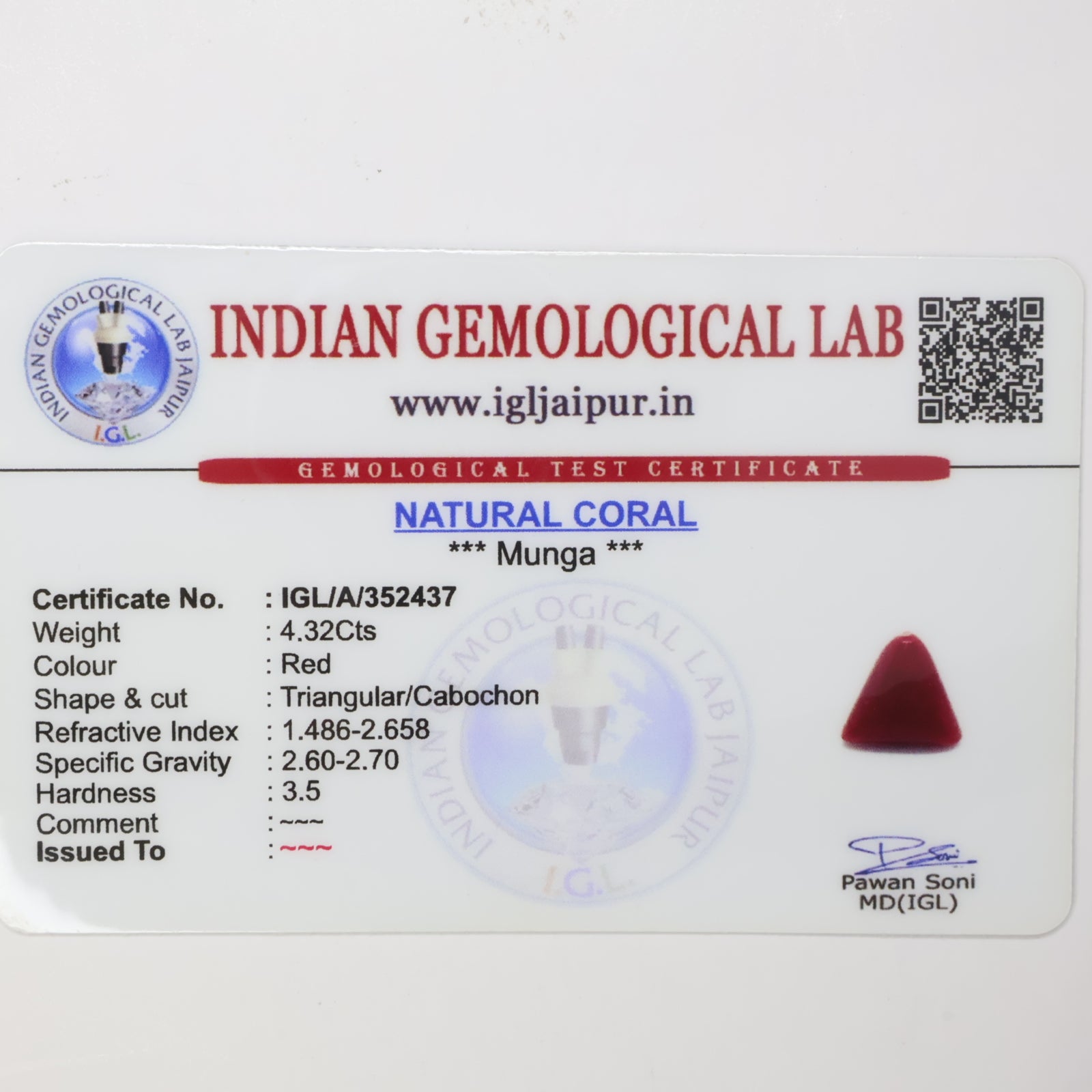 Natural Red Coral (Munga) 4.32ct